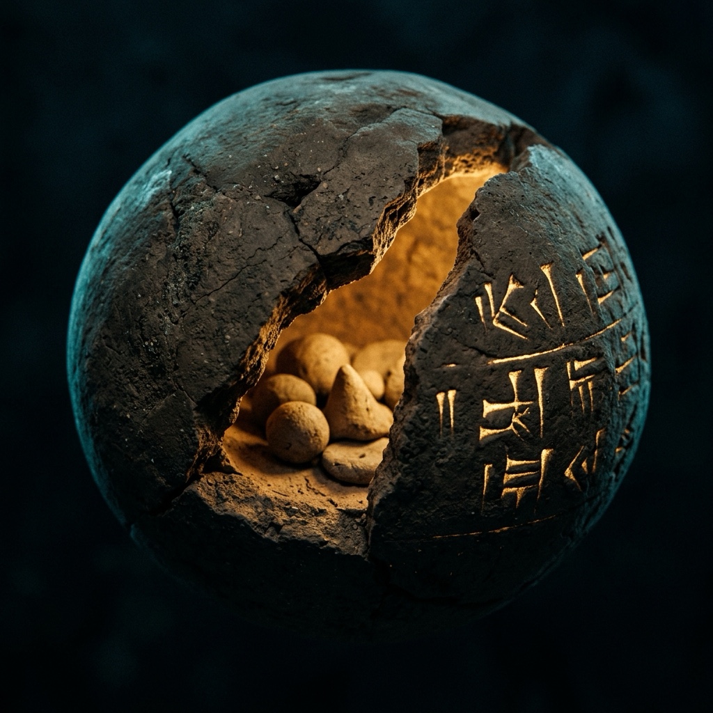 An ancient Mesopotamian bulla — a cracked hollow clay sphere revealing small clay counting tokens glowing warm inside, its shell impressed with cuneiform-style wedge marks.