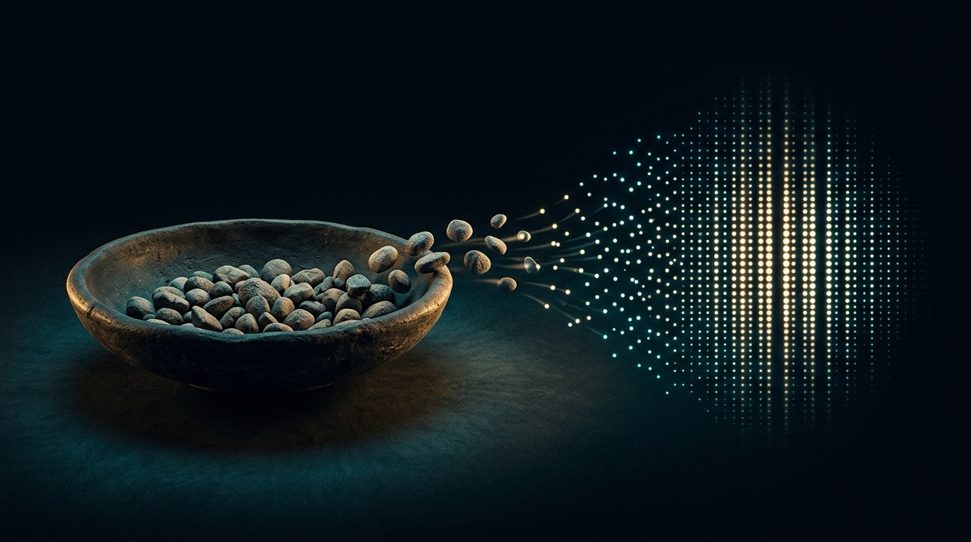 A shallow ancient clay bowl of pebbles on the left; toward the right the pebbles lift off and resolve into a discrete quantum interference pattern of glowing points of light.