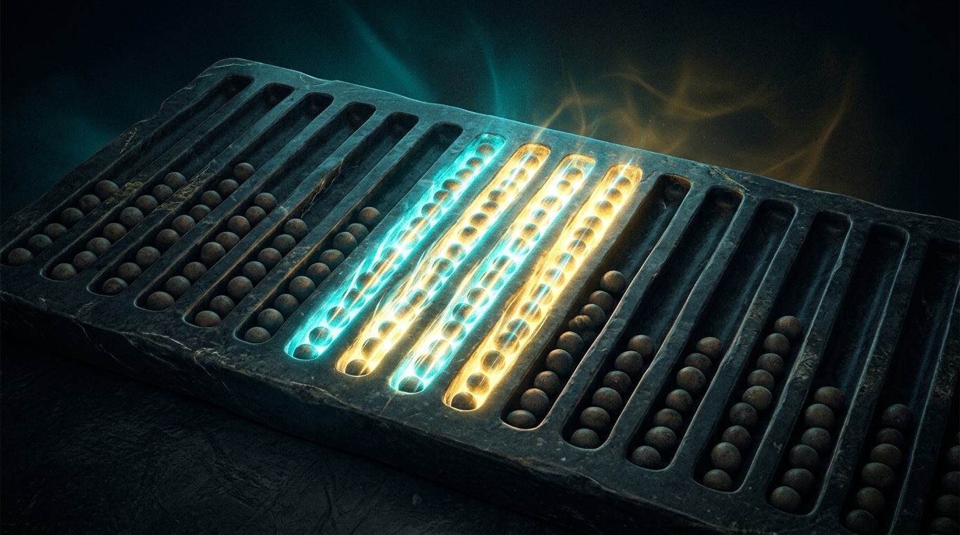 Pebbles sorted into parallel straight grooves on a dark stone counting board; four adjacent columns light up bright cyan and gold, firing in parallel, while the rest stay dim.